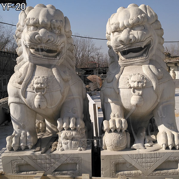 Pair of Foo Dog Garden Statues - White Bonded Stone