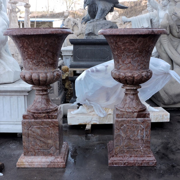 Antique red marble large garden flower pots in pair to sale TMP-06