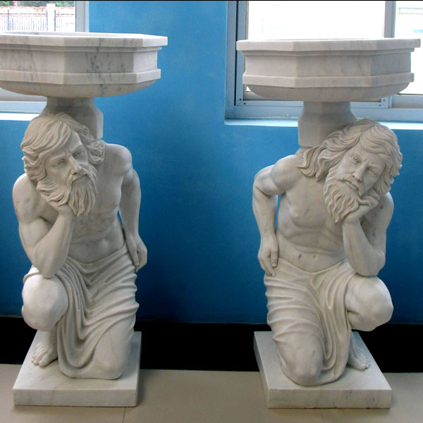 Large white marble planter pots with man statues a pair for home garden ornaments TMP-05