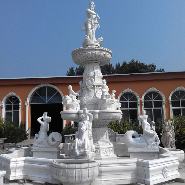 Luxury white marble water fountain with statues for the center of the garden TMF-06