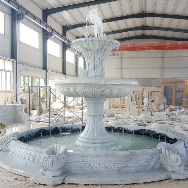 Outdoor 2 tiers white marble water garden fountain for the entrance of community TMF-07