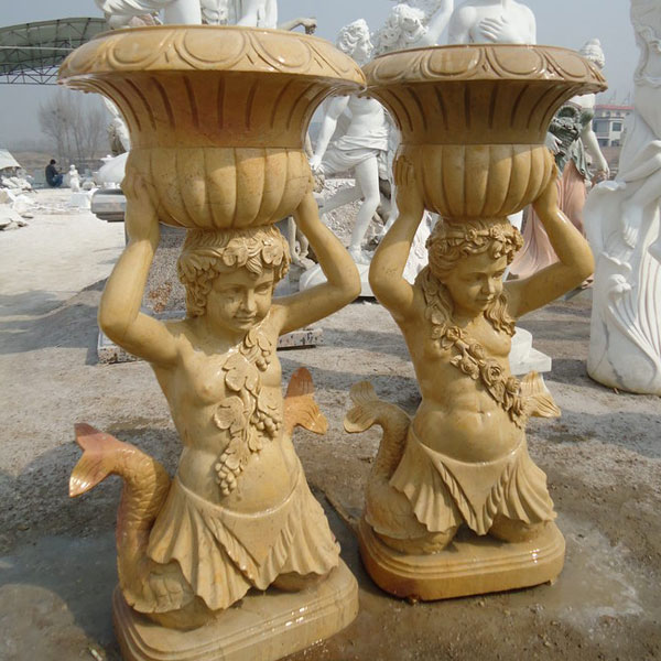 Outdoor garden decorated marble stone flower pots with mermaid statues price TMP-010