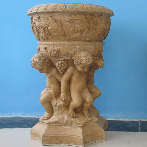 Outdoor garden decor beige marble flower urns pot with angel statues for sale TMP-09