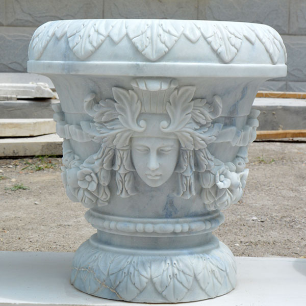 Outdoor garden white marble flower planter pots with woman face decor for sale TMP-016