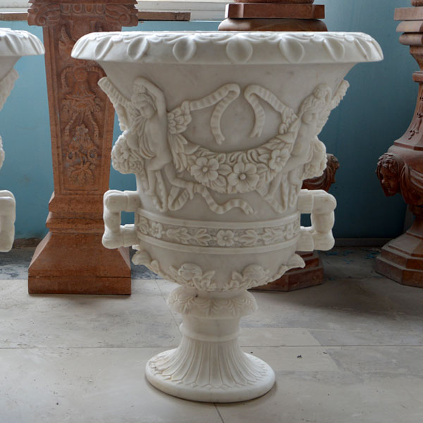 White marble carving flower pots for outdoor entrance of the home garden TMP-014