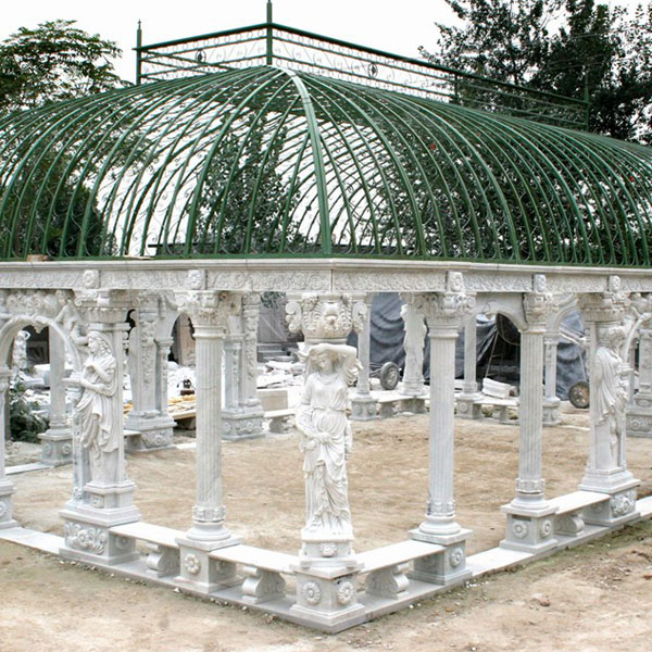 Buy outdoor luxury white marble pavilion with wrought iron dome for hotel TMG-09