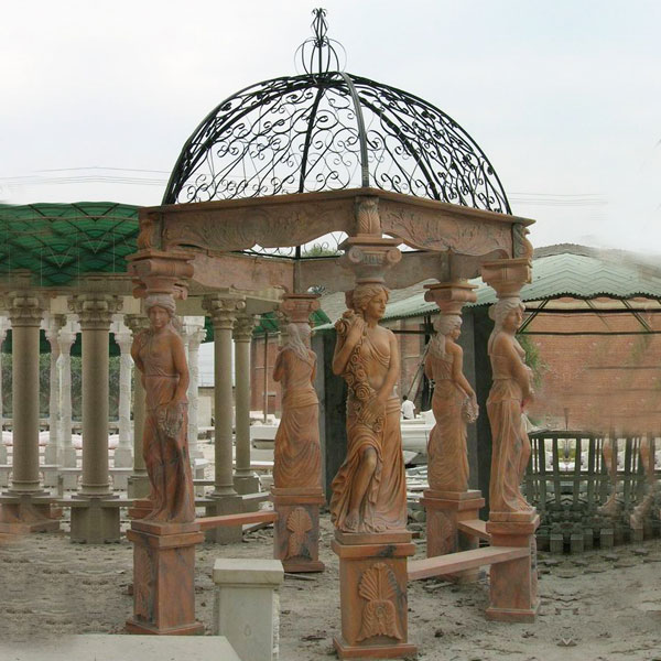 Outdoor patio sunset red marble garden gazebo with stone woman pillars for sale TMG-06