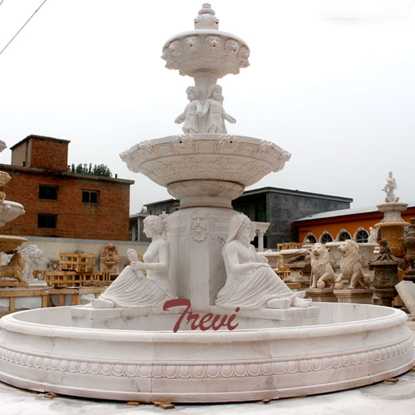 Three tiers marble water fountain with lady statues and lion face for outdoor garden decoration TMF-22