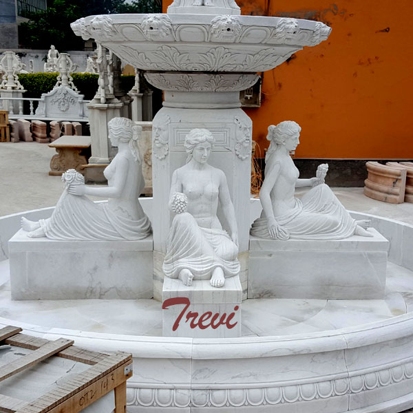 White marble 2 tiers outdoor water fountains with sitting woman statues for sale TMF-23