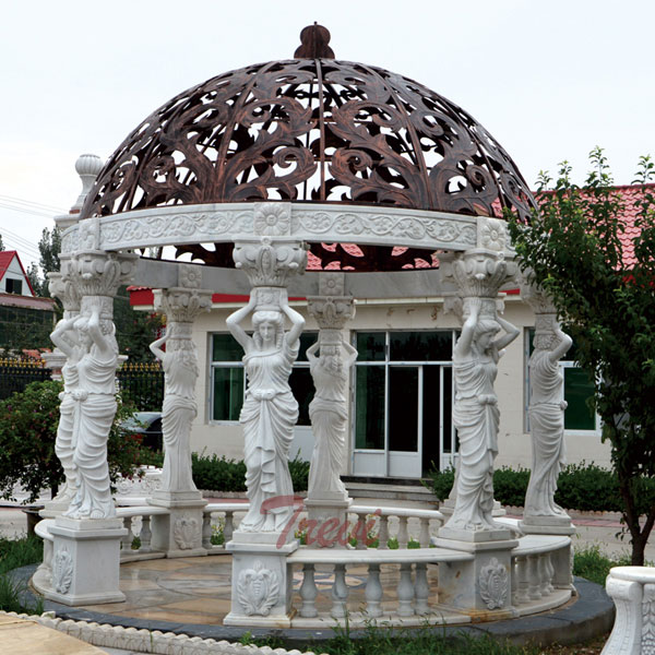 Outdoor white marble decorative round garden gazebo with metal dome for sale TMG-24