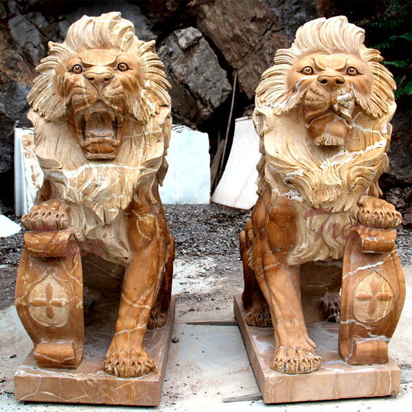 Buy pair of life size sitting lion statue with shield for house TMA-11