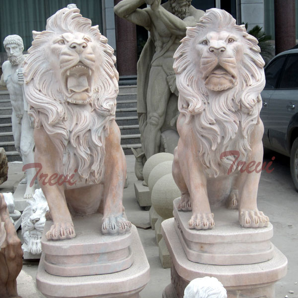 Chinese marble guardian sitting roaring lion statues pair TMA-16