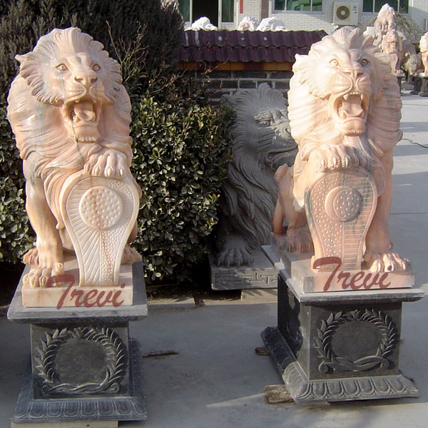 Pair of life size stone lion statue with shield for house TMA-29