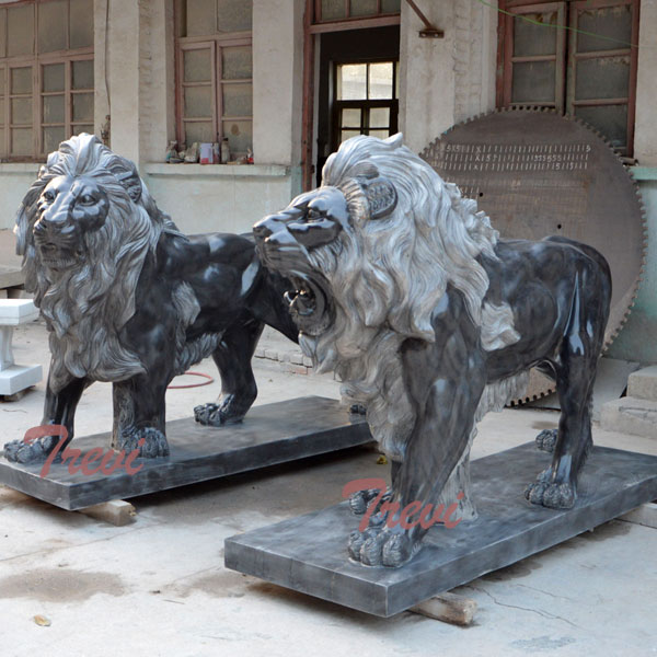 Pair of standing black lions statue in front of house TMA-03