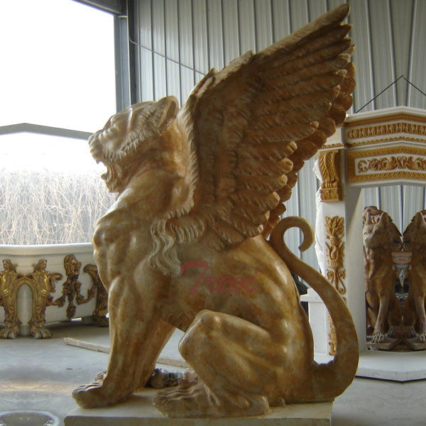 Standing winged stone lion gargoyle statues outside houses TMA-09