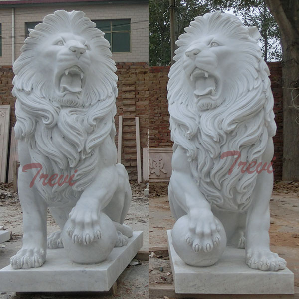 White marble sitting lion with paw on ball for front porch TMA-12