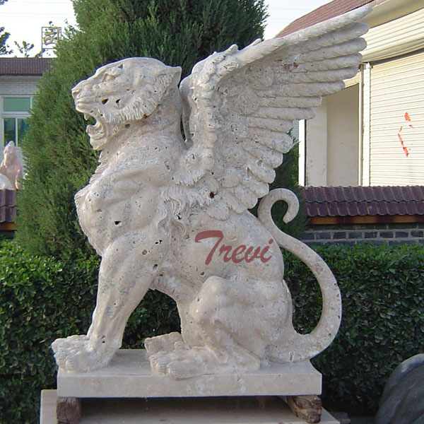 White marble winged lion gargoyle garden statues outdoor guarding entrance TMA-24