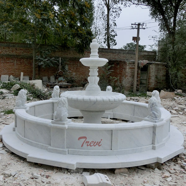Outdoor round white marble 2 tier water fountain with lion statue Chinese suppliers TMF-29