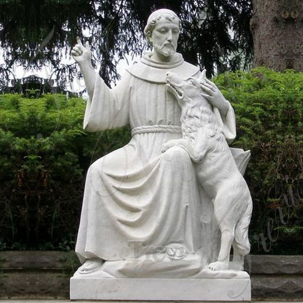 Catholic saint st. francis of assisi white marble garden statue with dog for sale TCH-204
