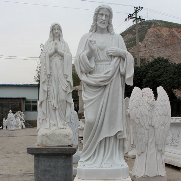 Life size sacred heart of jesus christ and mary white marble sculpture factory directly supply TCH-09
