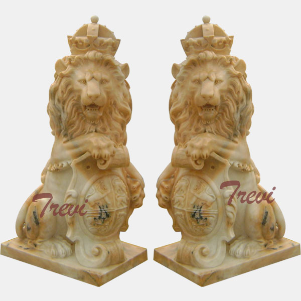 Pair of sitting crown marble lions statue with shield for driveway  TMA-33