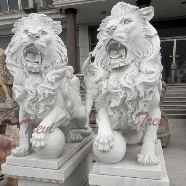 Pair of standing roaring guardian lion with ball statues for outside house decor TMA-39