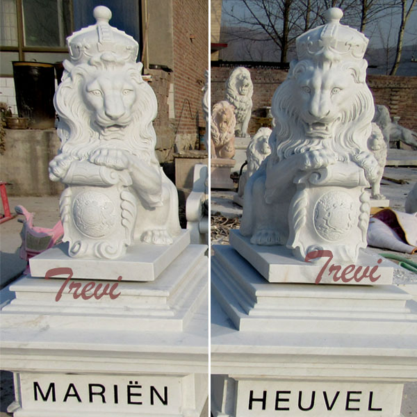 TMA-34 Pair of white marble king lion statue with shield and crown in front door