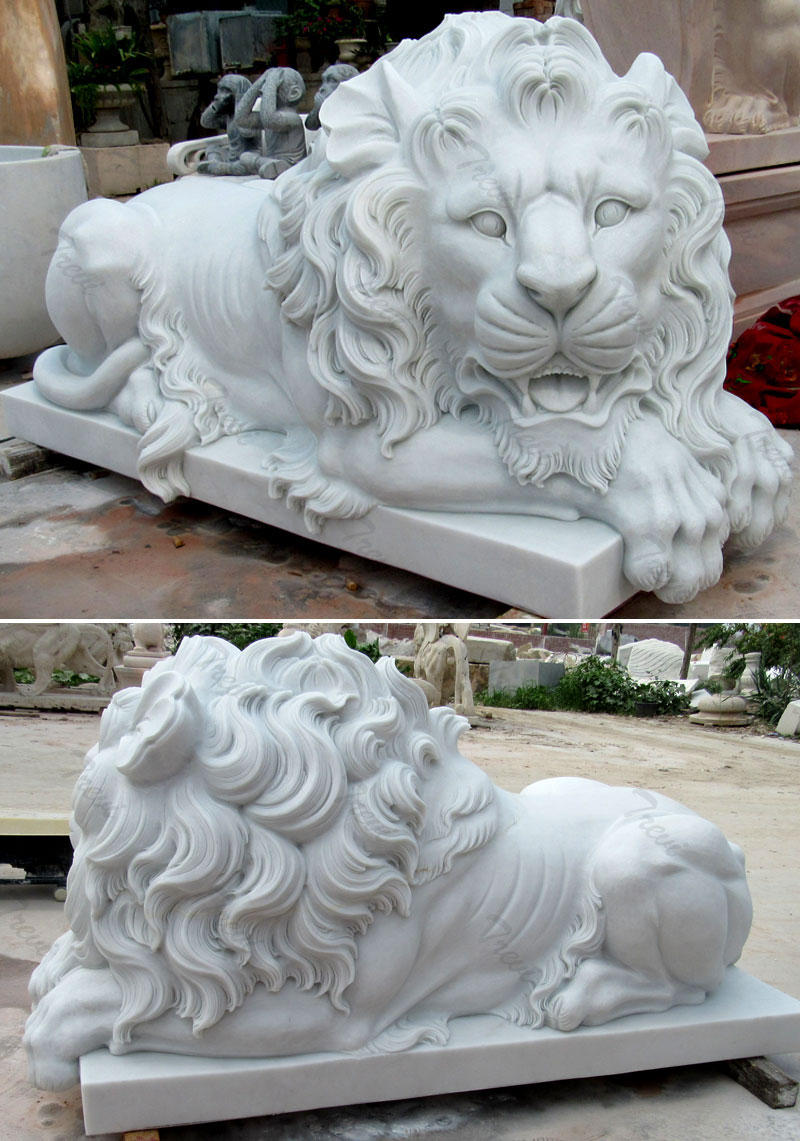 White sleeping lion statue lying down for outdoor garden